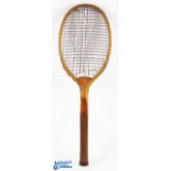 Period Scotts Seacombe "Practice" Tennis Racket - 13.5oz with leather butt cap strings, showing
