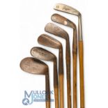 6x Assorted irons to incl dreadnought niblick showing the Mitre brand, flanged sole Gibson special
