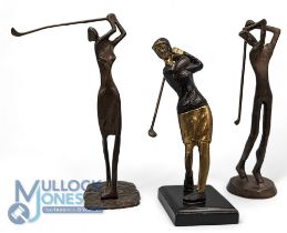 3x Bronze and brass Golfing Figures: 2 abstract sculpted golf figures - unsigned, and a brass female