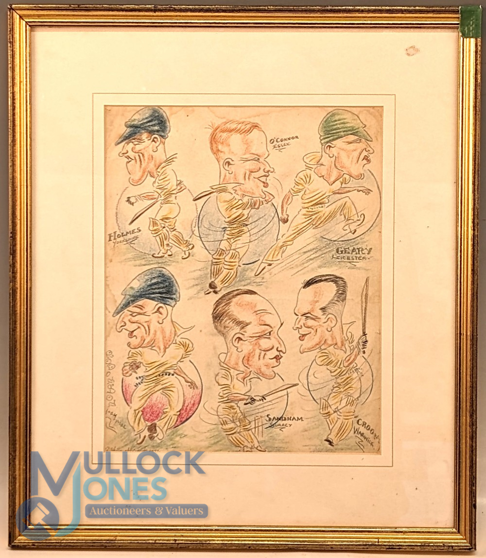 1930s Original Cricket Caricature in Crayon. Featuring 6 players Holmes Yorkshire, O'Connor Essex, - Image 2 of 2