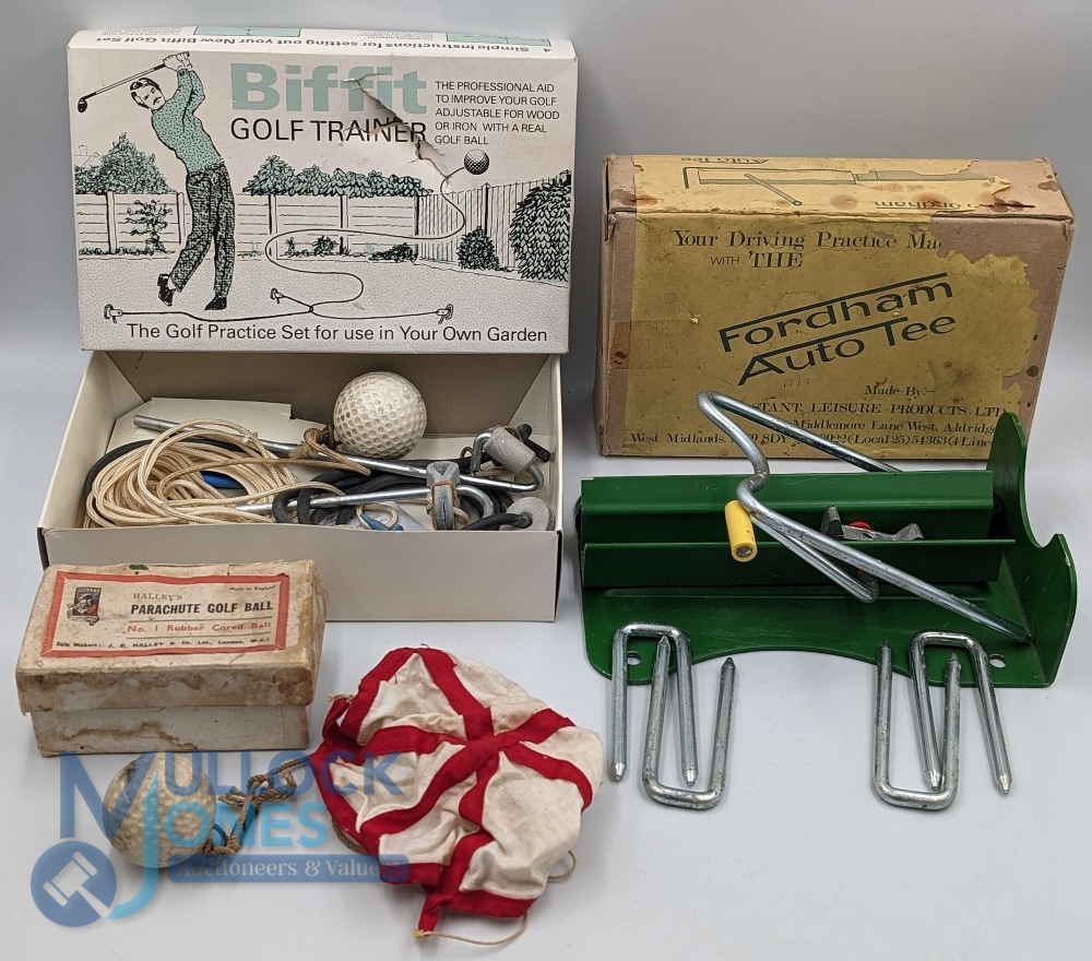 3x Golf Training Practice Sets: an early Halley's parachute golf ball, Fordham auto tee and a Biffit