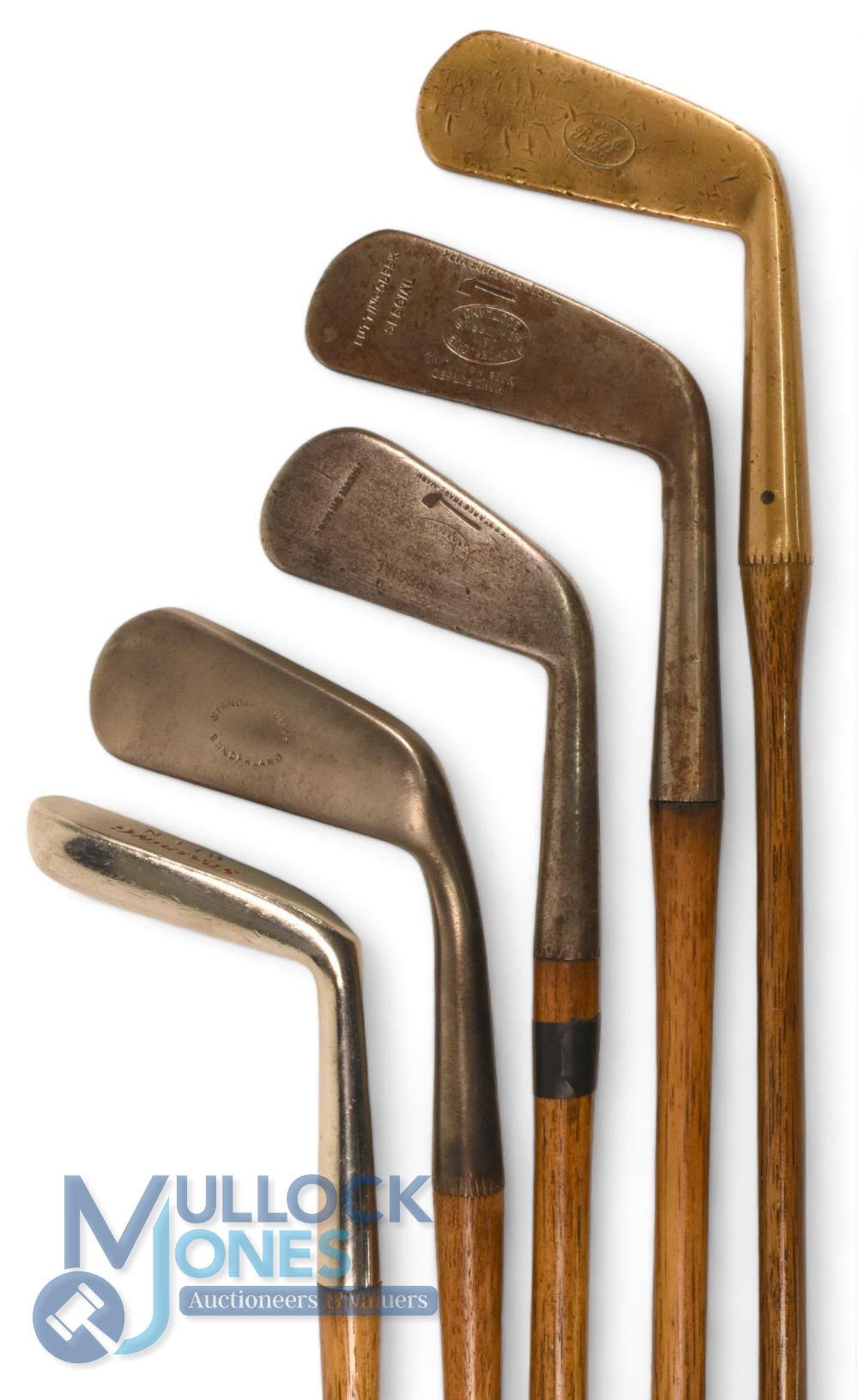 Interesting collection of various clubs (6) to incl Tom Stewart driving mashie t/w 5x putters