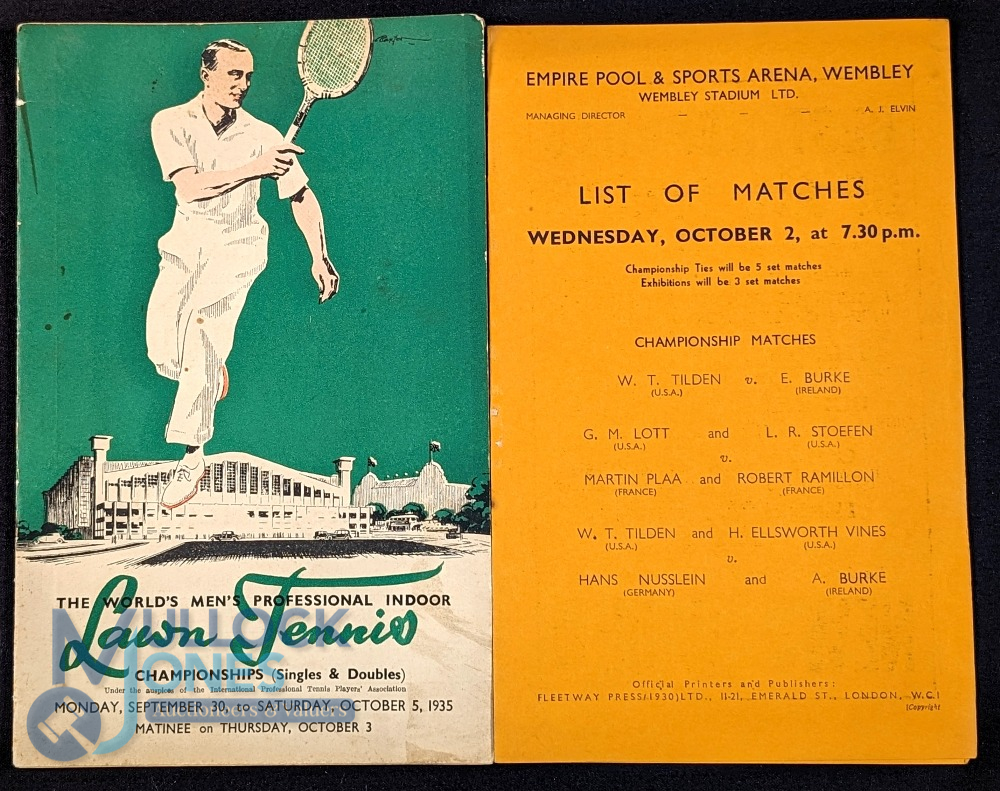 The Wembley Championships 1935 (second year) Tennis Programme. Official programme for the second