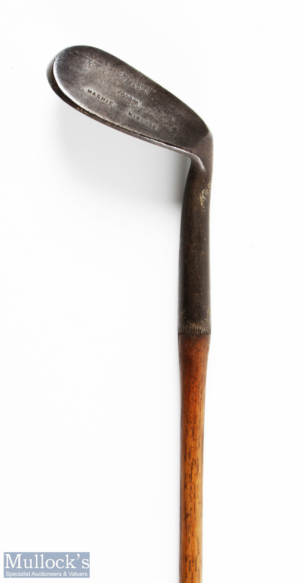Bussey & Co London mashie niblick showing the maker's arrow cleek mark and unusual face markings,