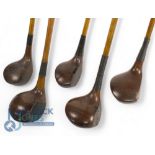 5x Assorted socket neck persimmon woods incl Bulldog spoon stamped Burt Reveley another large