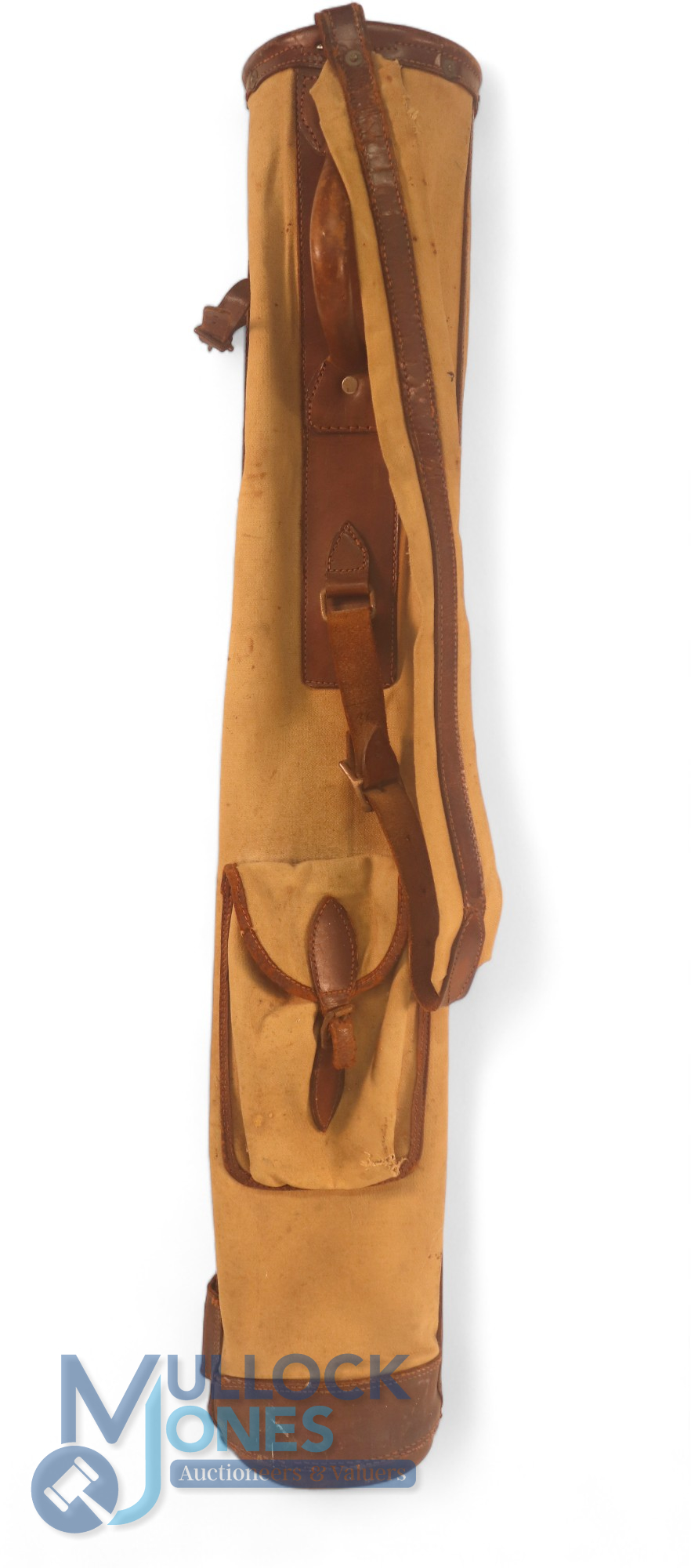 Good rigid Canvas and Leather Sunday Golf Bag c/w carrying strap, umbrella loop and ball pocket