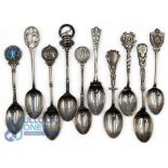 10x Silver Golf Teaspoons, all hallmarked with 3 good, enamelled examples to include Beston golf