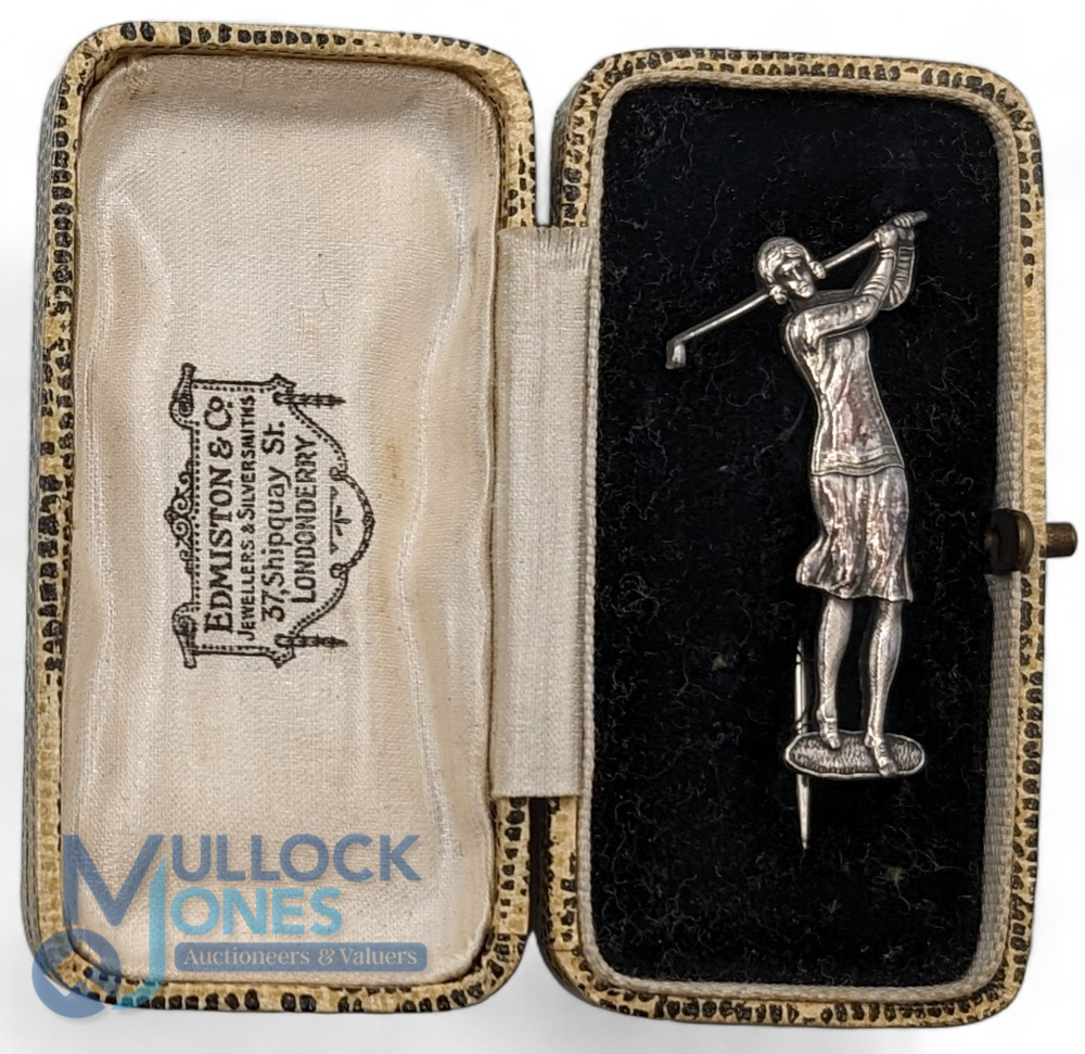 Sterling Silver Lady Golfer Brooch Badge, reg design No.756053, in period leather case