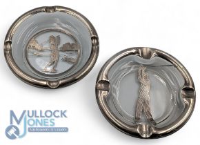 2x Art Deco Glass Rockwell Ashtrays with Sterling overlay, with a pair of Golfers in full swing,