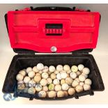 Qty of Modern Dimple Golf Balls within a plastic toolbox, a selection of used balls to include