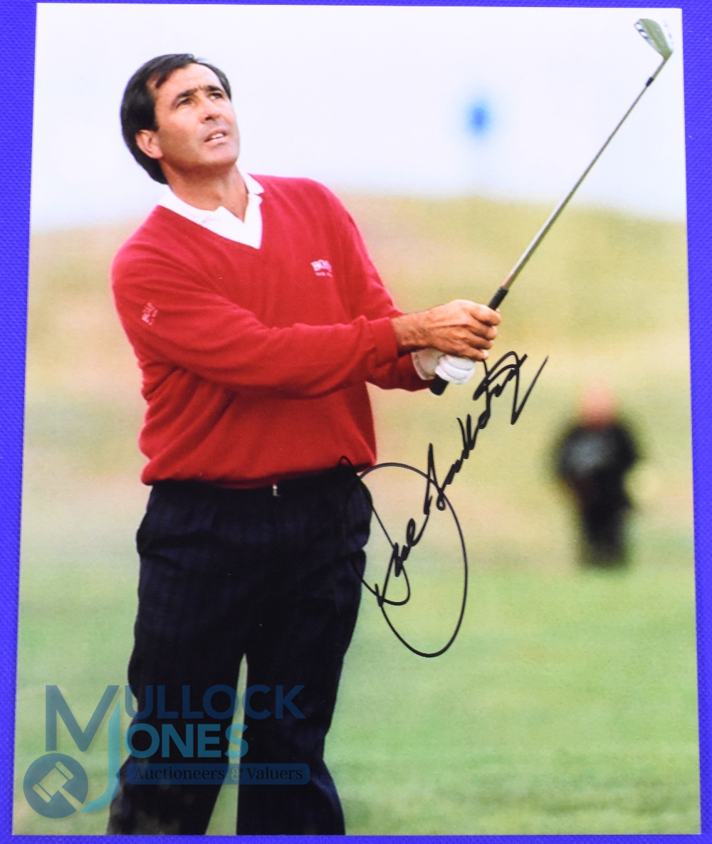 Severiano Ballesteros 5x Major Winner Signed Press Photograph - studying his Iron shot to the green-