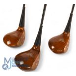 3x Matching MacGregor MT Tourney Persimmon 1, 3 and 4 woods - reg'd no M43 to the toe of the sole,