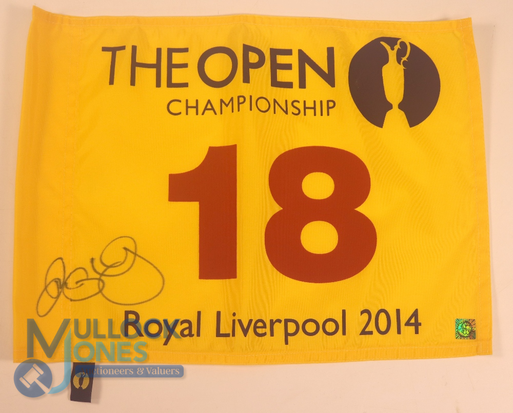 Golfer Rory McIlroy signed 2014 Open Championship Royal Liverpool GC yellow pin flag. He was crowned