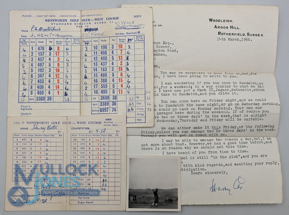 1938 Henry Cotton Wentworth Golf Club signed score card and photograph, Sept 21st, 1938, with P