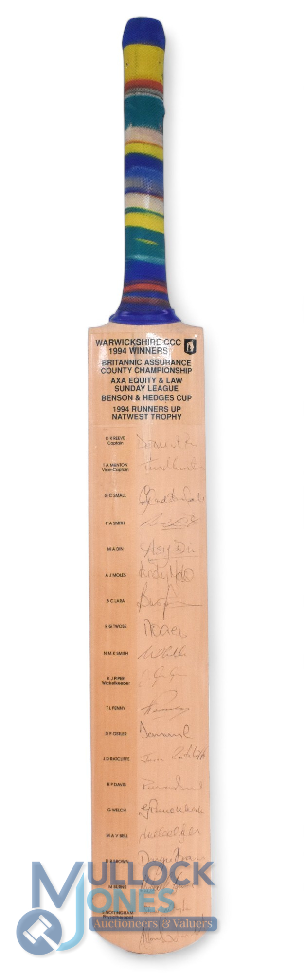 Warwickshire CCC 1994 Winners Signed Cricket Bat by D R Reeve, T A Munton, G C Small, P A Smith, M A