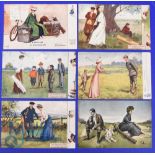 Interesting collection of early amusing coloured golfing sketch postcards (6) mostly by Lance