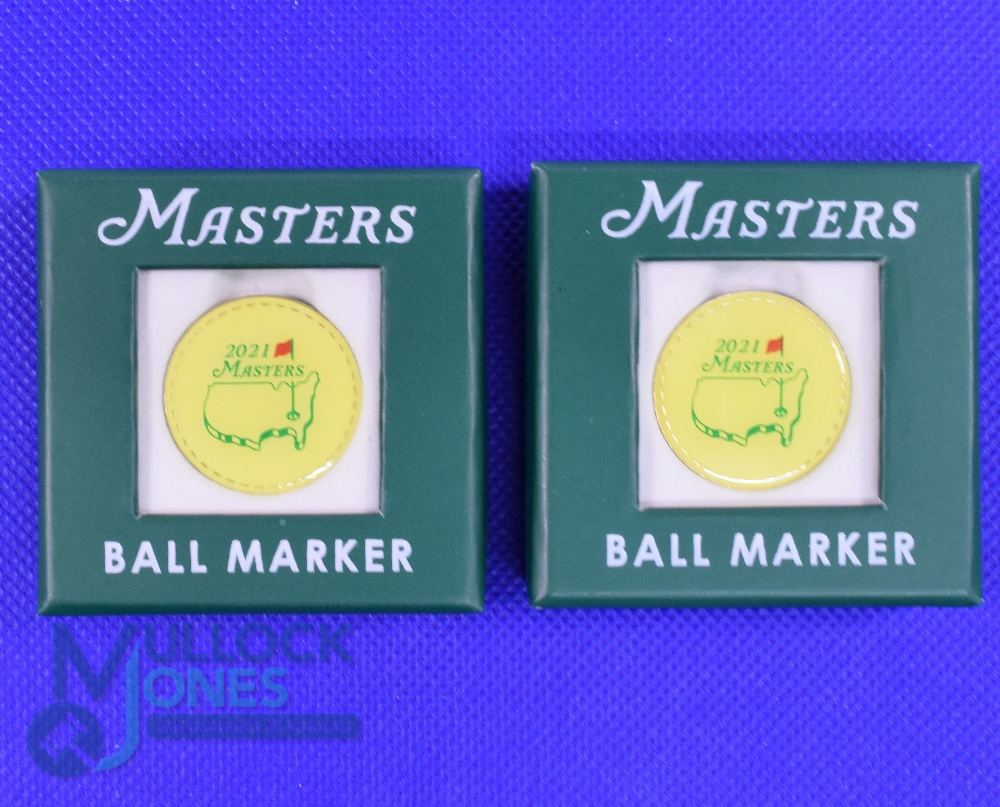 2x 2021 Original US Masters Golf Tournament Enamel and Gilt Ball Markers - won by Hideki Matsuyama