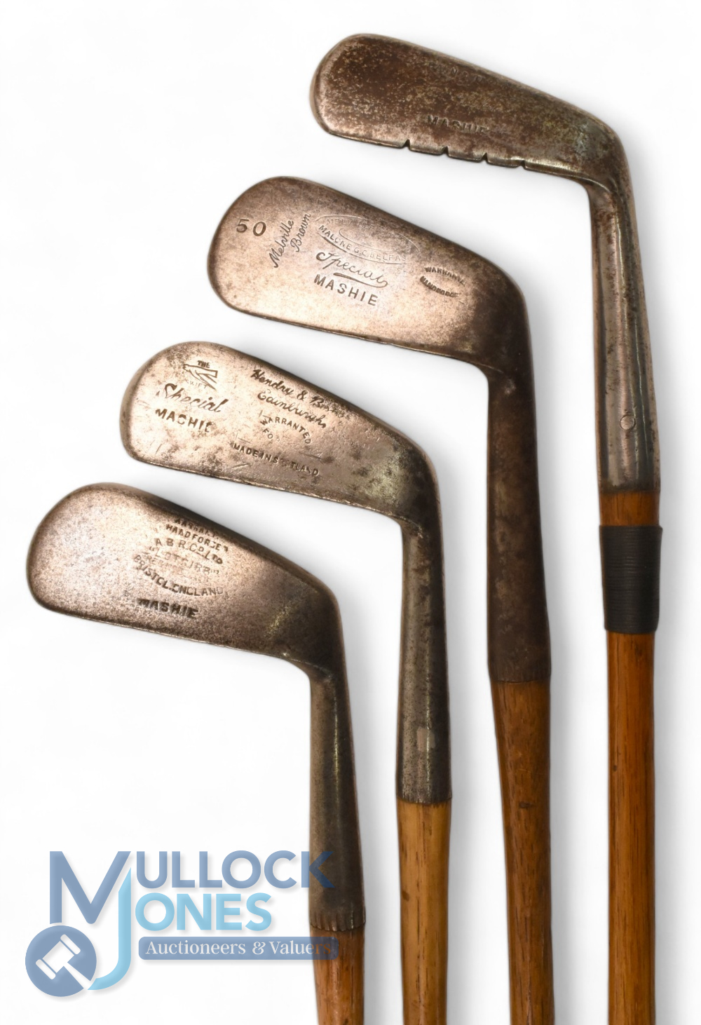 4x Assorted mashie irons incl Cann & Taylor, Hendry & Bishop the Swift cleek mark, Melvin Brown of