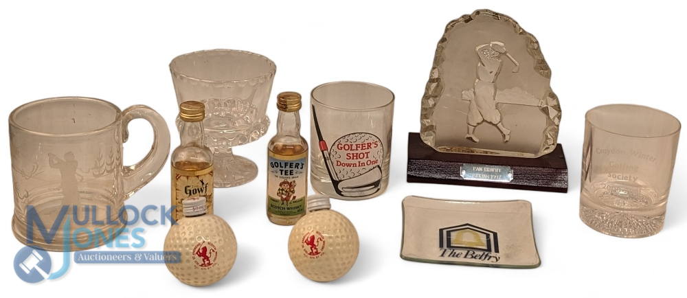 Golf Whisky Tumbler and glass wear: a selection of miniature golf whisky bottles unused, 2 tumblers,