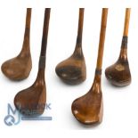 5x Assorted small head socket neck woods to incl stripe top spoon stamped D R Jones, 2x brassies