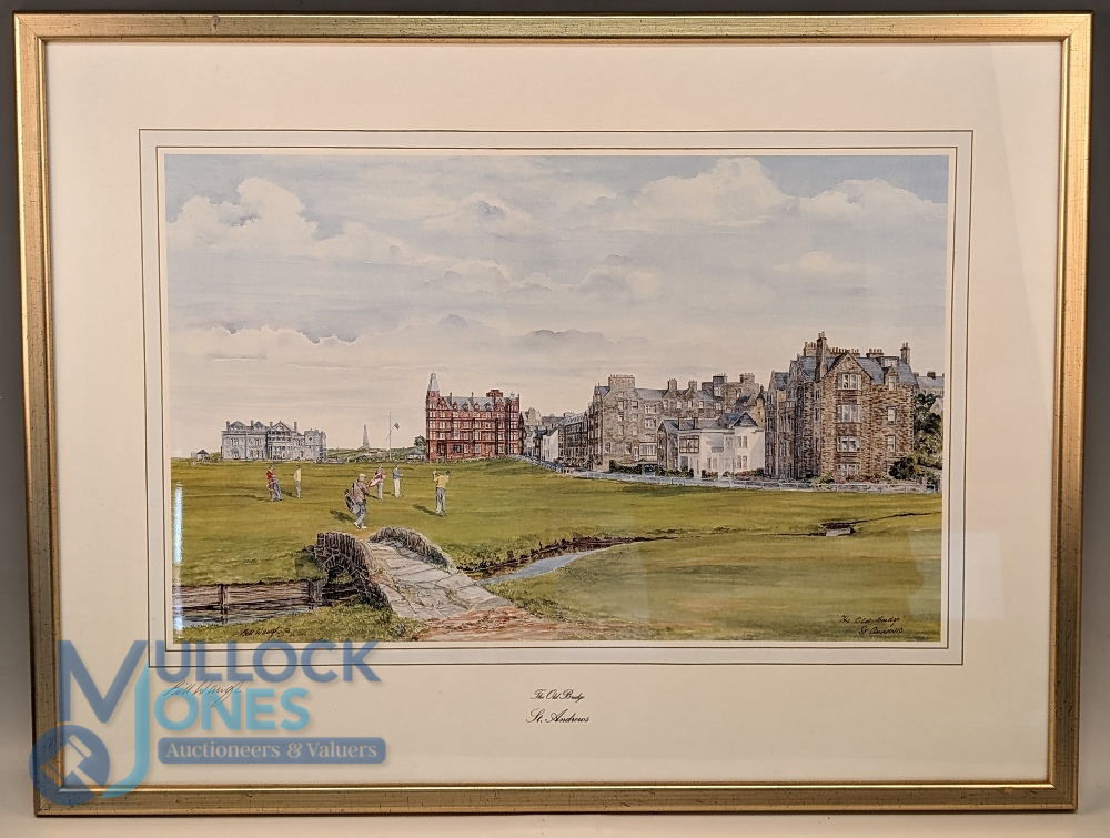Bill Waugh Golf Print of the Old Bridge St Andrews: signed in pencil - well framed and mounted under