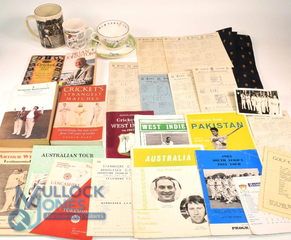 Selection of Cricket Related Items: Mugs, Tankards, Score Cards, Cricket Annuals 1948,1952, Tie,