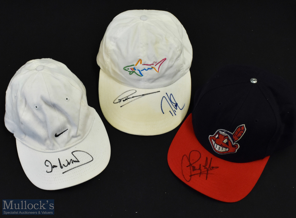 3x various Autographed Golf Baseball Caps featuring Sandy Lyle, Ian Woosnam, Greg Norman et al