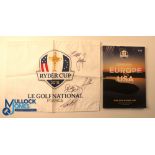 Autographs - multi-signed 2018 Ryder Cup France Golf Pin Flag and Programme- the flag signed in