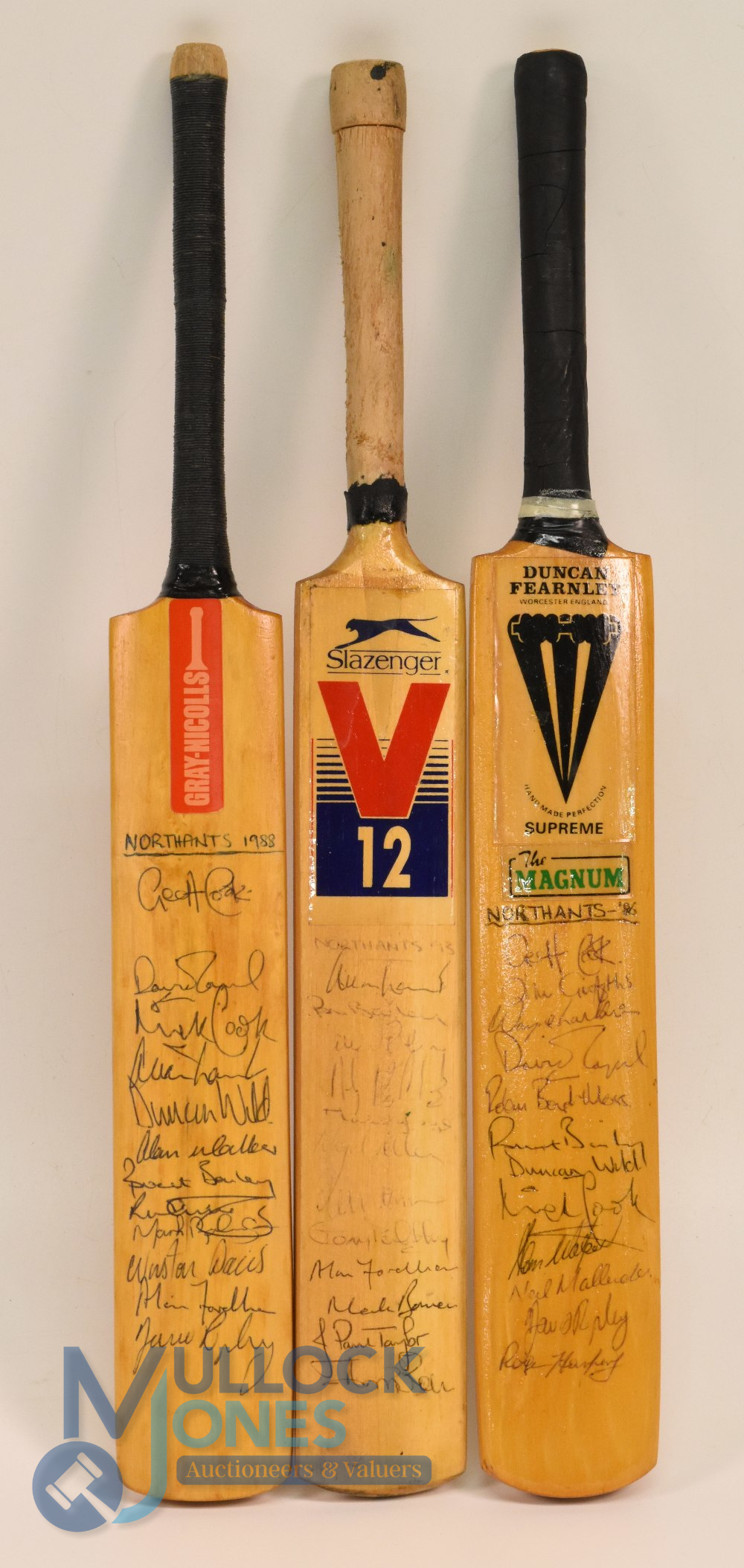 Miniature Signed Cricket Bats. Northants for the seasons 1986, 1988, 1993 with notable signatures