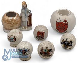 Period Golf Ceramic Collectibles, to include Goss Golfers Arms match holder, a German lady golfer