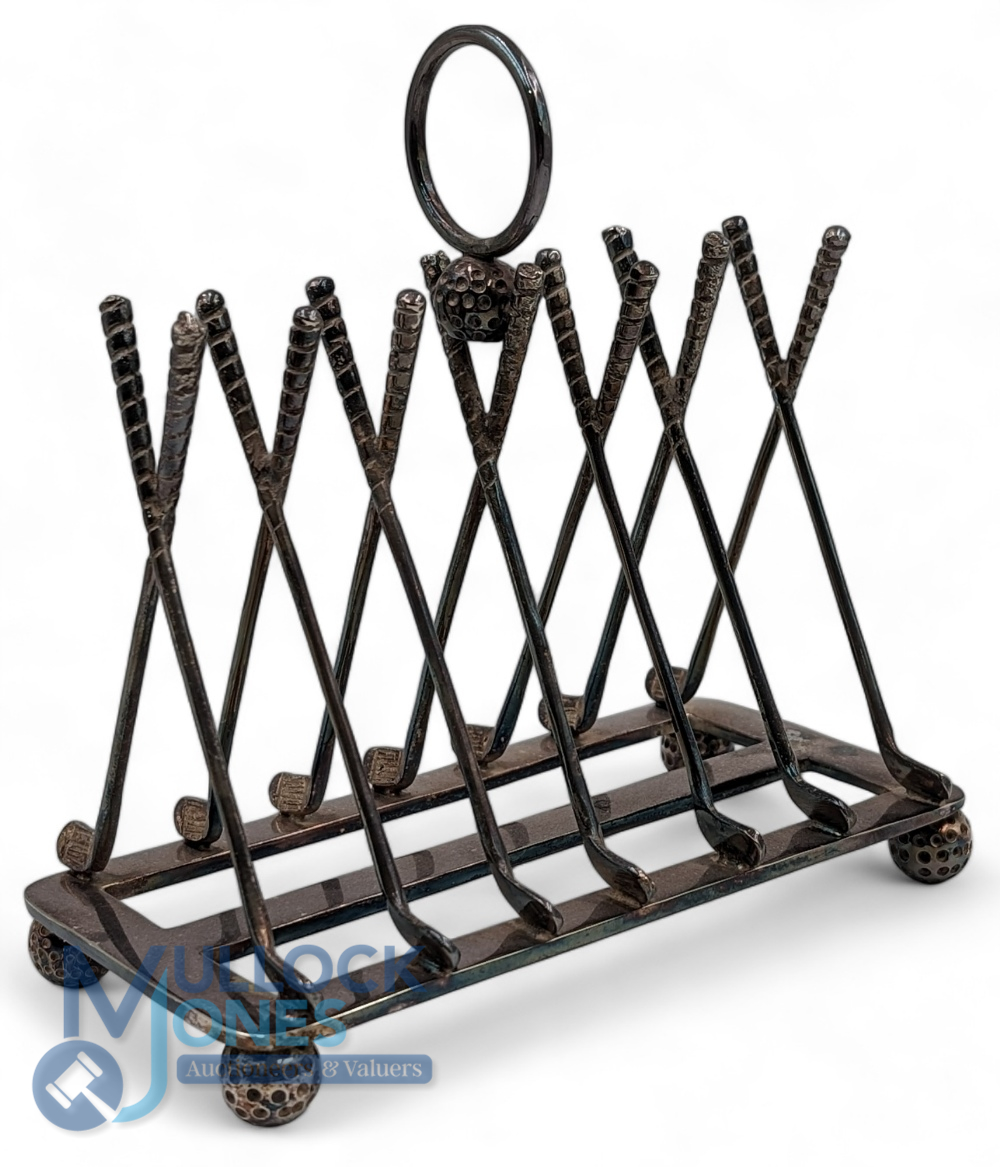 Golf Club Design silver plate Toast Rack - constructed with crossed club formation on golf ball