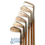 6x Stainless Assorted irons incl Robert Simpson, Carnoustie mashie, J Carstairs 1 iron, unusual D