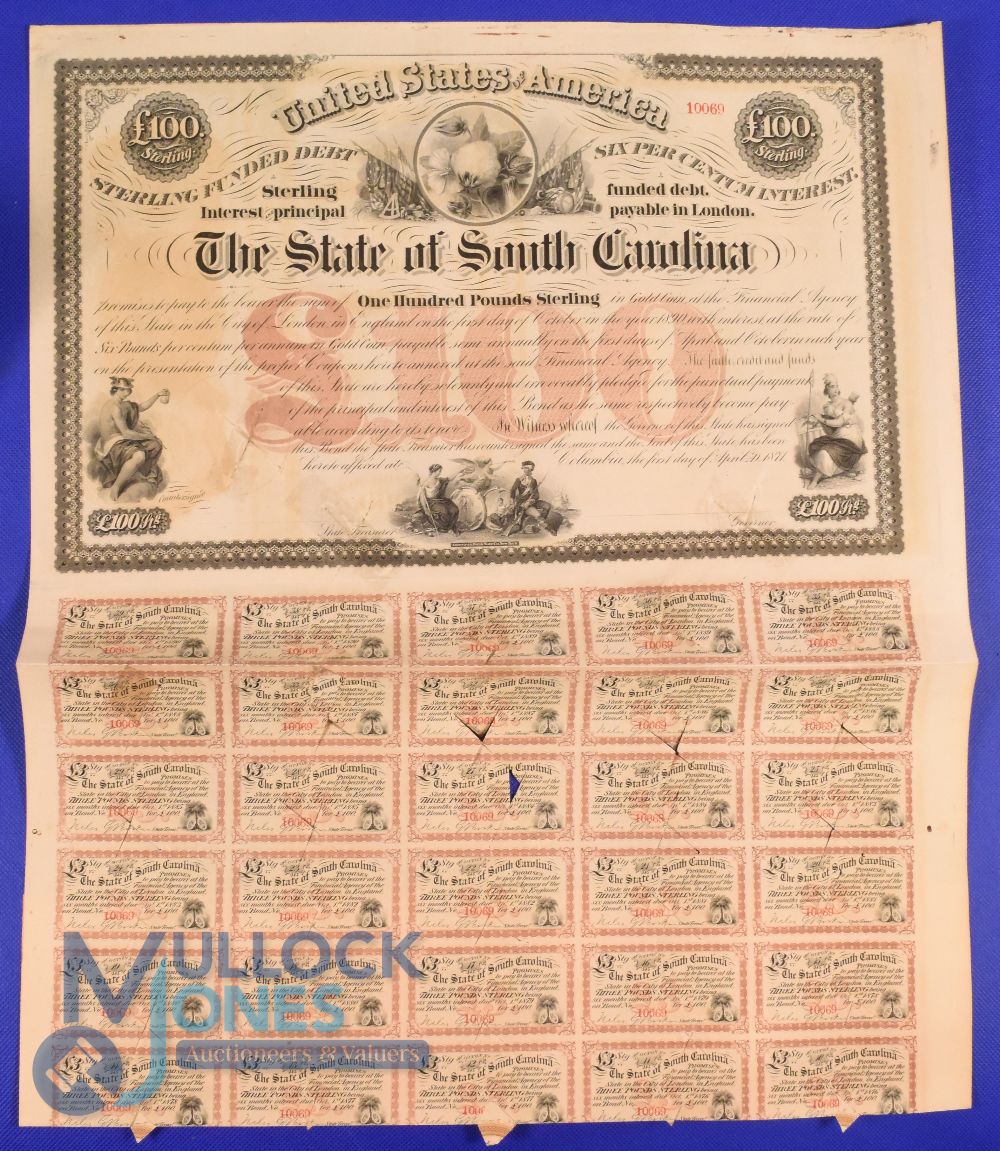 United States - State of South Carolina - 6% loan. Bearer Bond for £100 Sterling. Unissued reserve