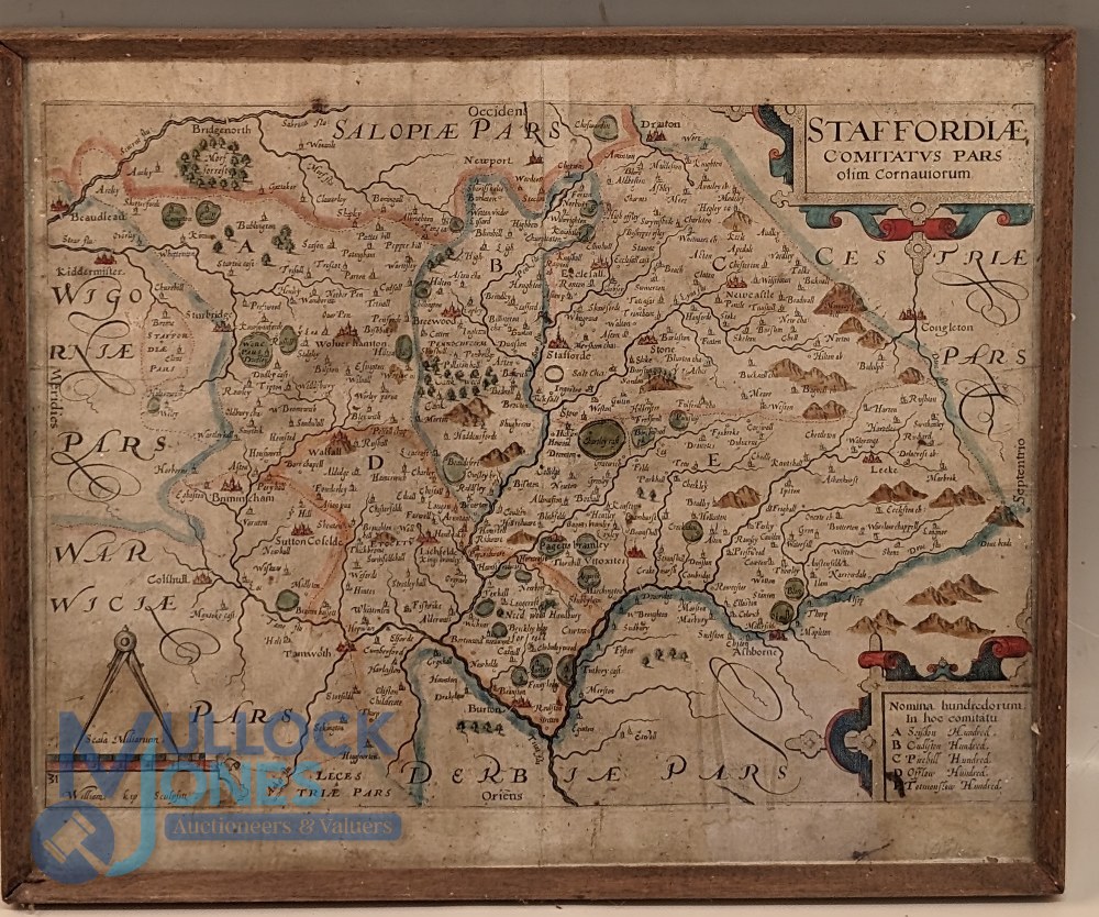 Original 17th century hand coloured Map of Staffordshire (Staffordiae) after William Kip - framed