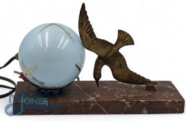 French Art Dec Bronze Diving Bird Lamp, on marble base, with a light blue glass globe shade, in need
