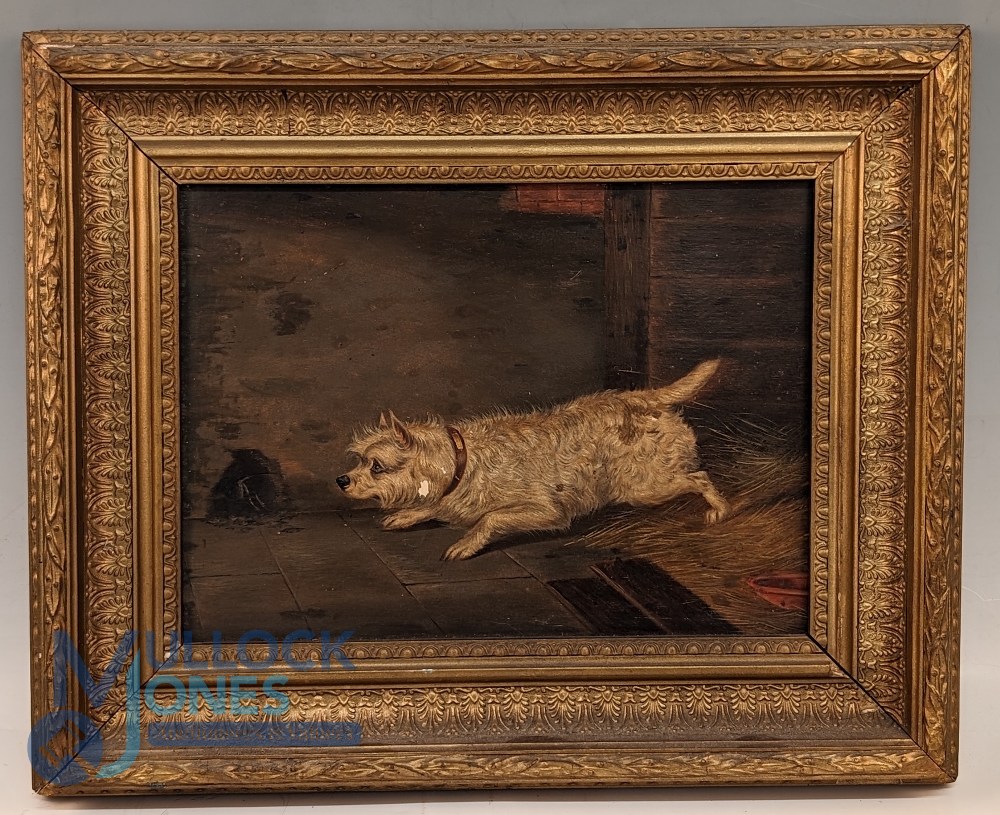 Victorian Oil on Board of a Terrier Dog Chasing a Mouse - by Edwin Loader of Bath 1827-1885. Edwin