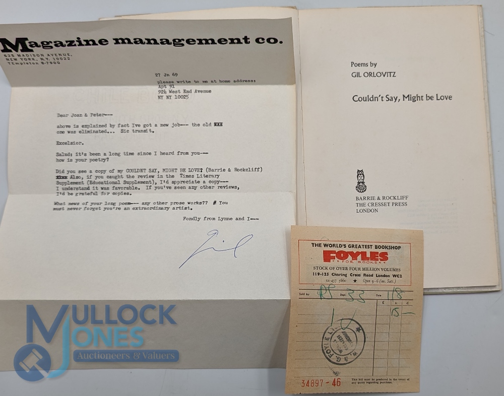 Orlovitz, Gil (1918-1973) Couldn't say, might be love: poems 1969 hardcover with D/J with signed - Image 2 of 2