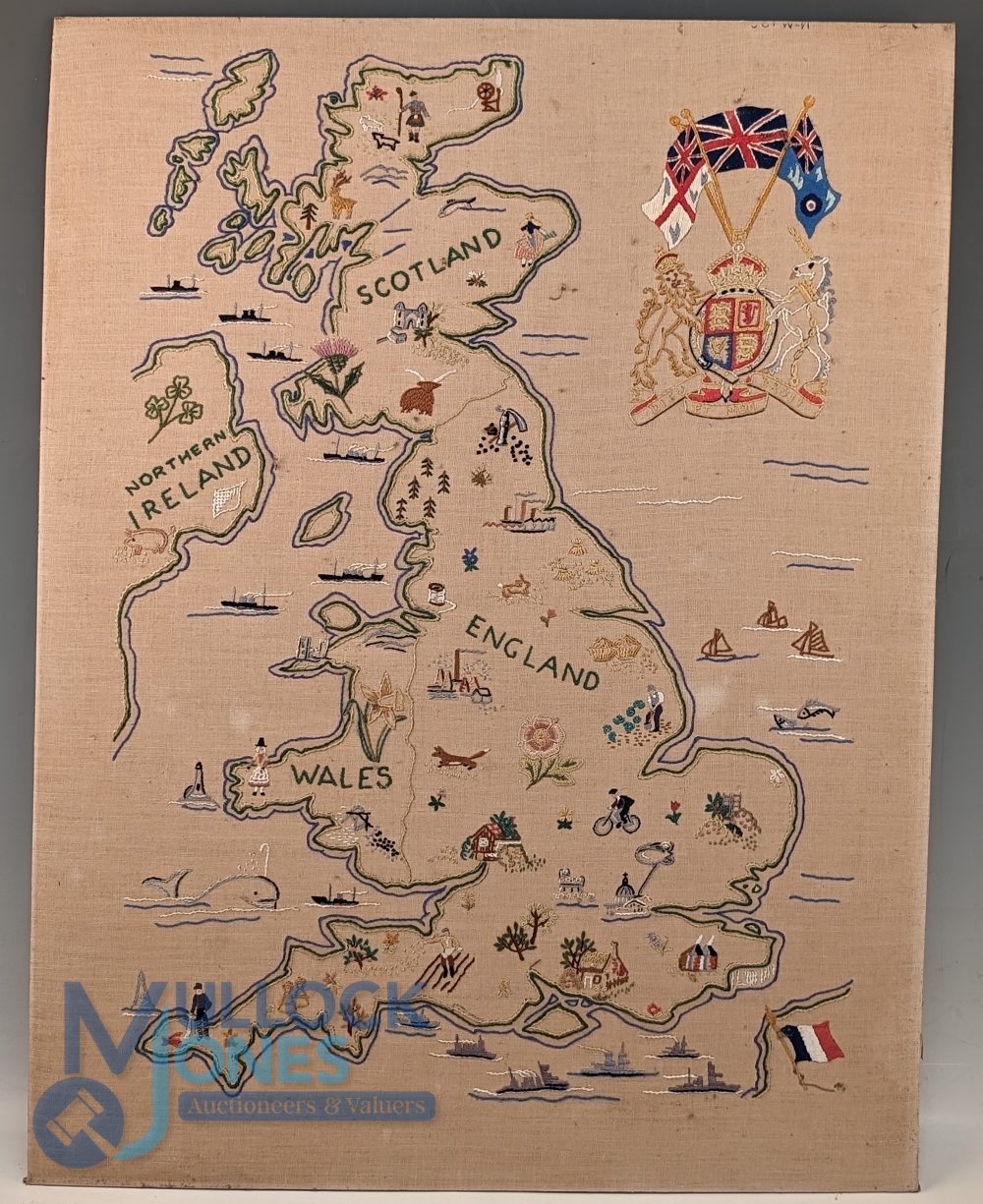 WWII Map of the British Isles with the British Military Coat of Arms, Naval Shipping illustrated