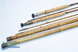 An unnamed split cane trout fly rod 9ft 3pc with brass fittings, red agate butt/tip ring, cloth