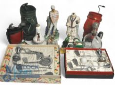 Golfing Drink Related Memorabilia. To include Decanters featuring golfers, Golf Bag wine holders,