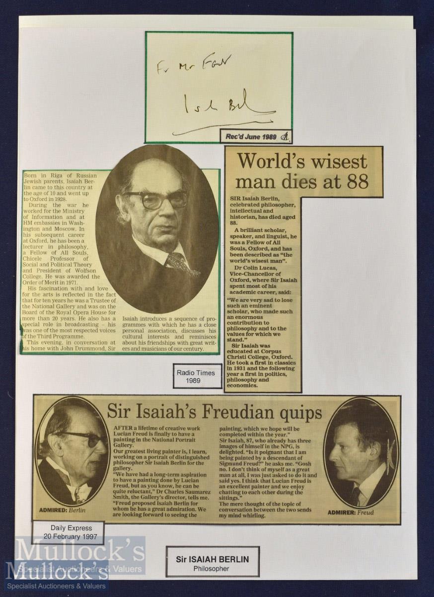 Sir Isaiah Berlin Autograph Philosopher signed Cutting with newspaper cuttings in ink, details ‘
