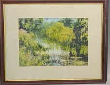 2x original Art: Ray Hedger (1944) Abstract Artist Watercolour Wax Resist Trout Pool - dated and