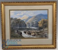 1875 Fishing Painting by F Walters: watercolour on the Lledys North Wales - size #32cm x 37cm