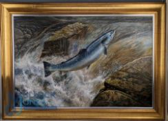 Chris Sharpe Salmon over Falls, Leaping Salmon original Oil Canvas - a well-presented oil in gilt