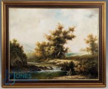 Period Fishing Oil Painting, oil on board, with indistinct signature, size 48cm x 57cm