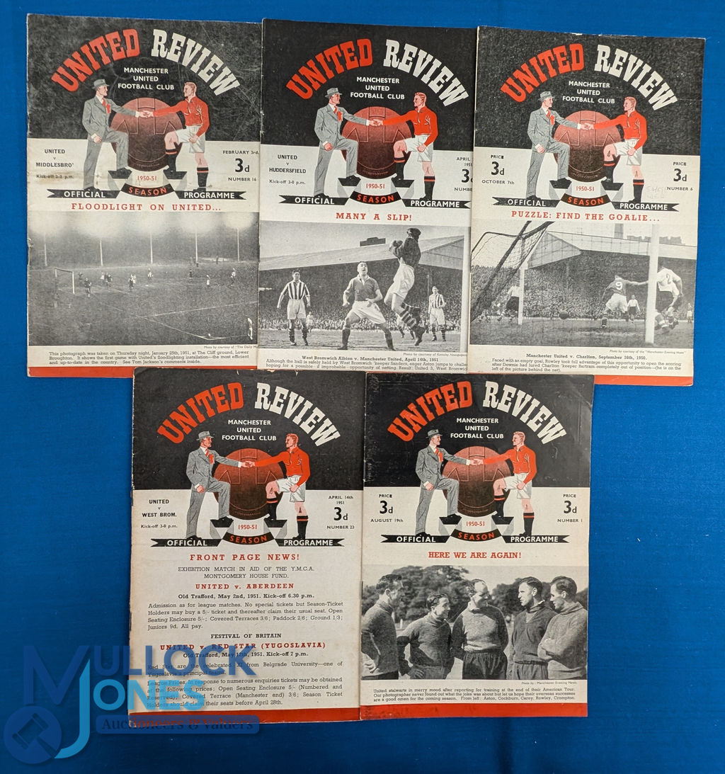 1950/51 Manchester Utd home match programmes Fulham, WBA, Sheffield Wednesday, Huddersfield Town,