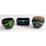 THREE EICHWALD POTTERY PIECES comprising a blue ground rectangular dish with a floral and