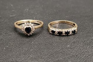 TWO SAPPHIRE AND DIAMOND NINE CARAT GOLD RINGS one a cluster ring and the other with four