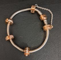 PANDORA MOMENTS SILVER SNAKE CHAIN CHARM BRACELET with rose gold plated clasp, two rose gold
