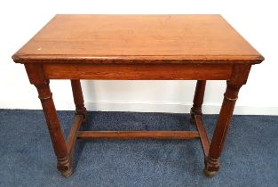 VICTORIAN OAK HALL TABLE with a rectangular moulded top, standing on turned supports united by a